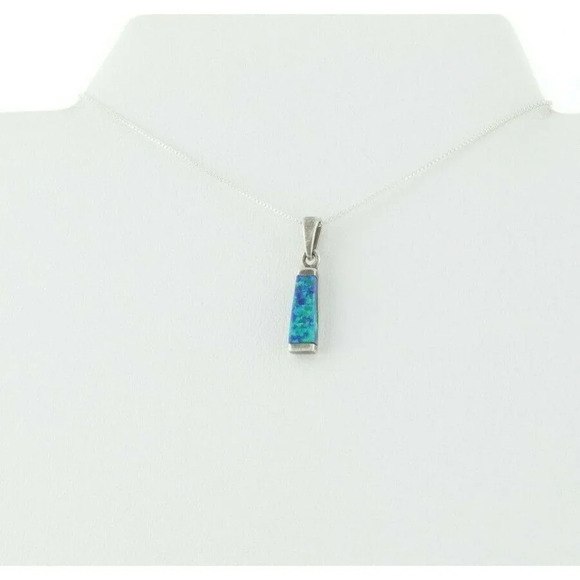 Sterling Silver Created Imitation Blue Green Opal Necklace 18 inch chain - Picture 7 of 8